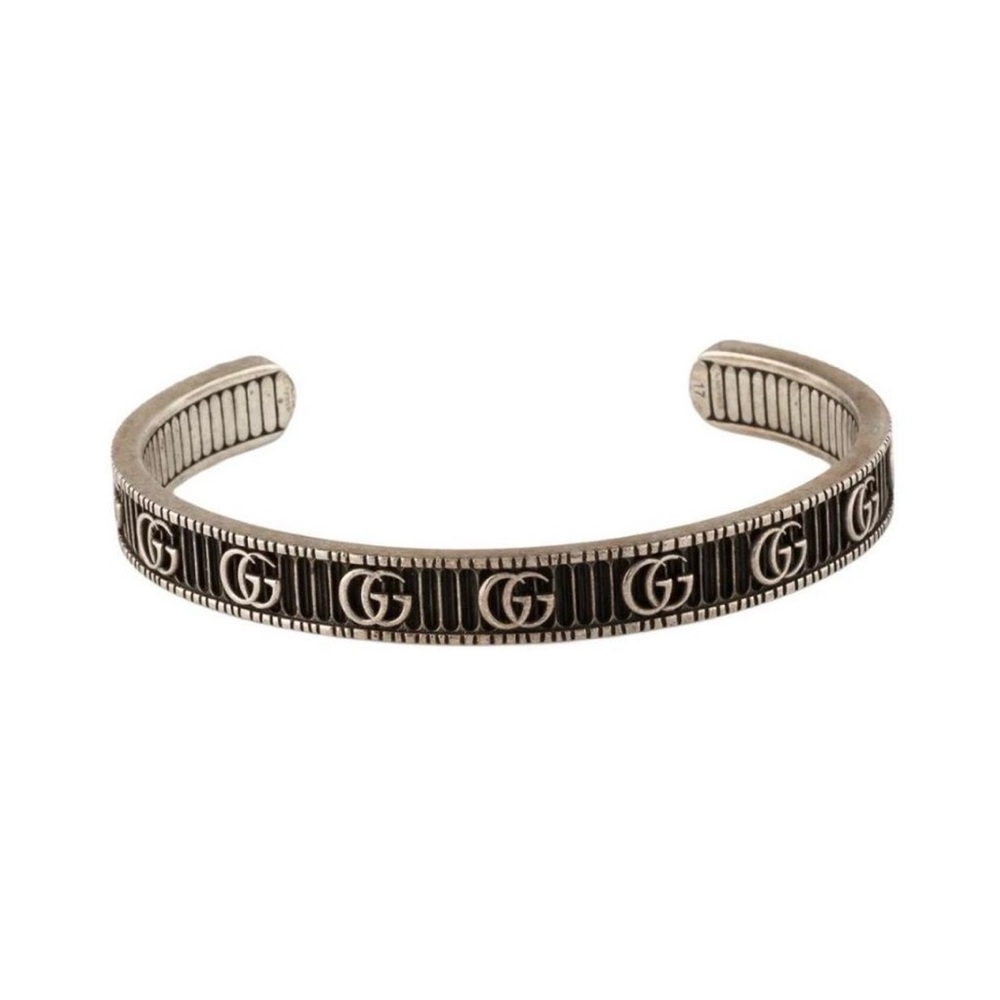 Gucci Men's Black and Silver Logo Cuff Bracelet